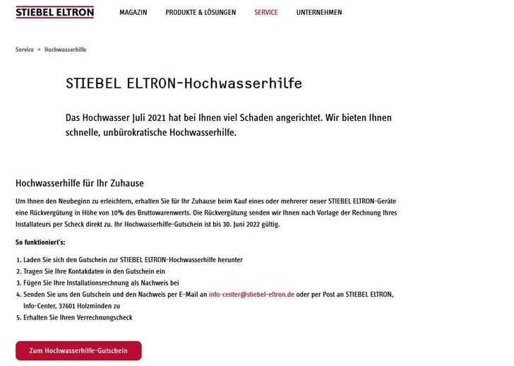 Mehr Informationen zur Stiebel Eltron-Hochwasserhilfe unter:  www.stiebel-eltron.de/hochwasserhilfe - © Stiebel Eltron
