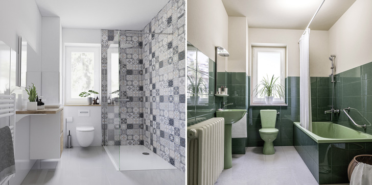 Wenn ein Bad nicht mehr den heutigen Ansprüchen genügt (Bild rechts), kann es durch den Einsatz der Deco-­Motion-­Rückwände und neuer Sanitär­objekte modernisiert werden (Bild links), ohne dass man sich an Wänden „abarbeiten“ muss.