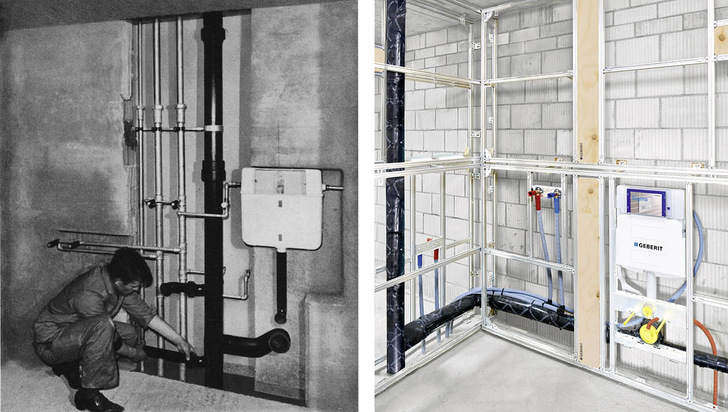 Der UP-Spülkasten 1964 und heute – ein unverzichtbarer Bestandteil der Sanitärinstallation. - © Bilder: Geberit
