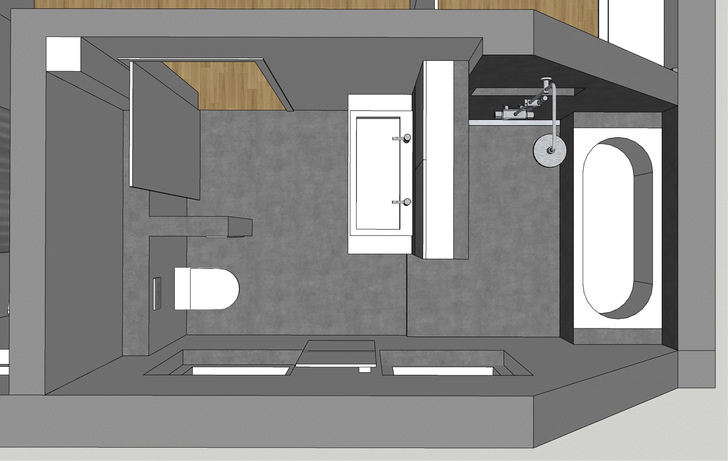 Wandscheiben sind ein gutes Mittel zur Raumgestaltung, auch in kleinen Bädern. - © Bild: hansen-innenarchitektur.de
 Wandscheiben sind ein gutes Mittel zur Raumgestaltung, auch in kleinen Bädern.