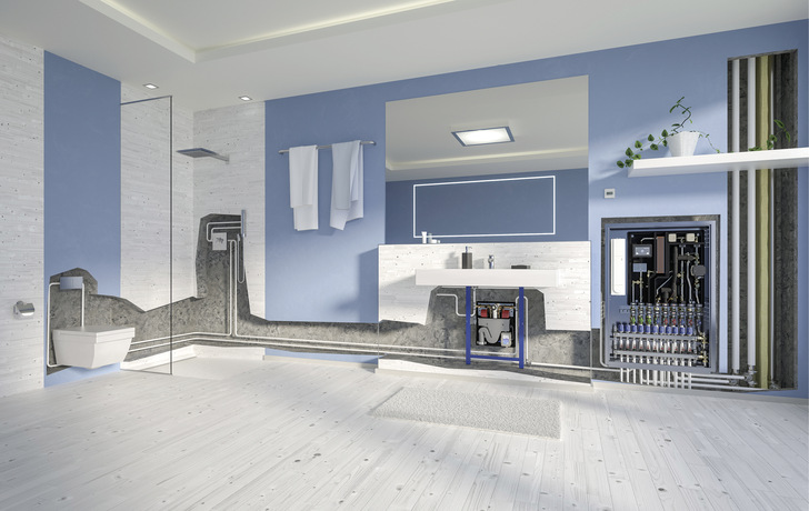 Bild 1: Die Kombination aus dezentraler Trinkwassererwärmung im ­Durchlaufprinzip, Durchschleif-Ringinstallation und bedarfsgerechter Hygienespülung bringt ­Hygiene, Komfort und Energieeffizienz sicher in Einklang.