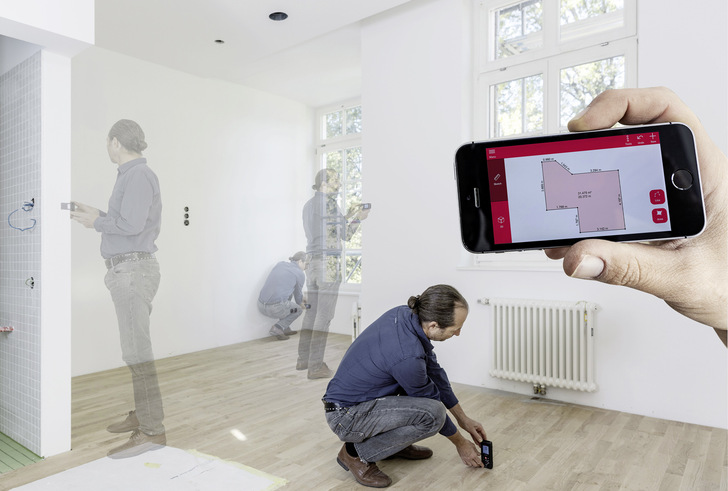  Smarter messen: mit einem bluetoothfähigen Laser-Distanzmesser samt App lassen sich Räume in wenigen Minuten aufmessen.
