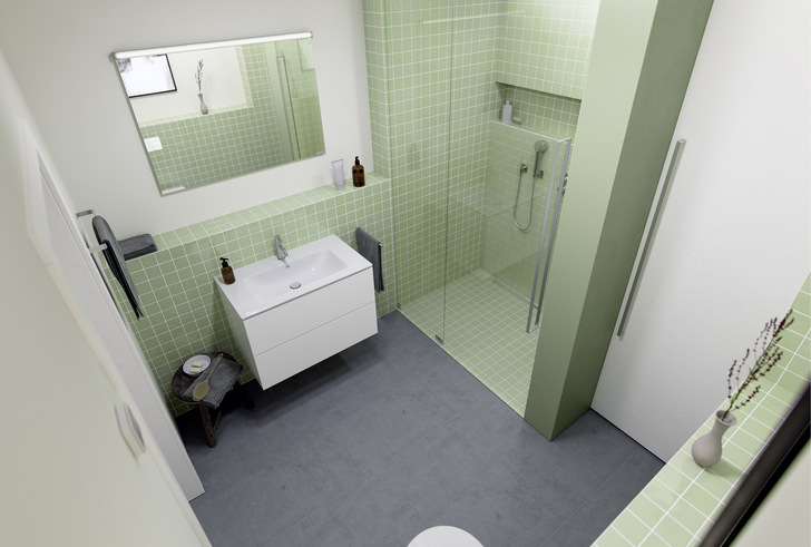 Bild 1: Ein Vorwandsystem macht die Umsetzung kreativer Badlösungen technisch einfach. So werden sogar aus den typisch engen Badezimmern im Geschosswohnungsbestand schicke Bäder mit ausreichenden Bewegungsflächen und wenig Barrieren.