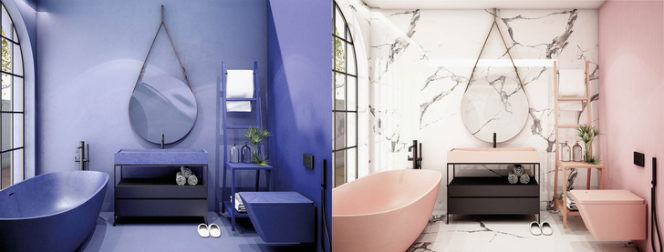 Melancholisch und kühl wirkt das Bad links zwischen Aquamarin und Mitternachtsblau. Als sonnige Variante rechts mit Puderrosa und Carrara-Marmor hat es eine völlig andere Ausstrahlung.