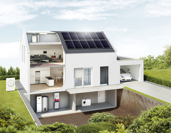 Überschüssiger Photovoltaikstrom lässt sich in einem Gebäude auch thermisch speichern. Dafür bietet sich die Kombination einer Wärmepumpe mit einem Energiemanagementsystem an. - © Bosch
