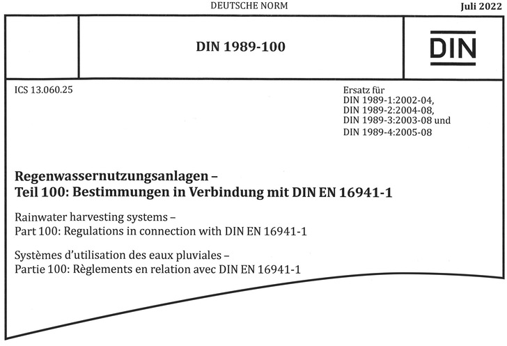 ﻿Die neue DIN 1989-100 umfasst 50 Seiten und gilt für Regenwassernutzungsanlagen in Gebäuden und auf Grundstücken in Verbindung mit der DIN EN 16941-1. - © Bild: DIN e. V. / Beuth Verlag
