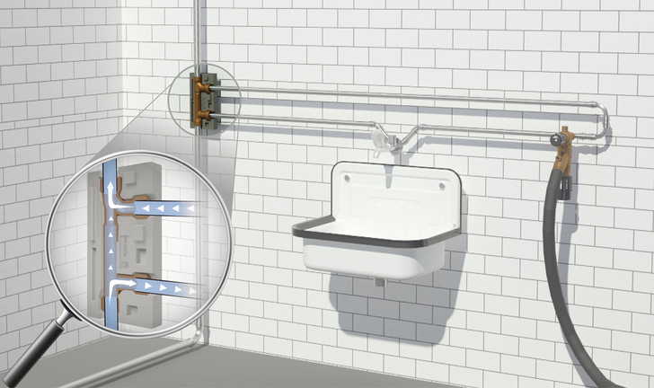 Der Venturi-Strömungsteiler verhindert Stagnation in Ringleitungsinstallationen durch Zwangsdurchströmung bei nachgeschalteten Entnahmen.