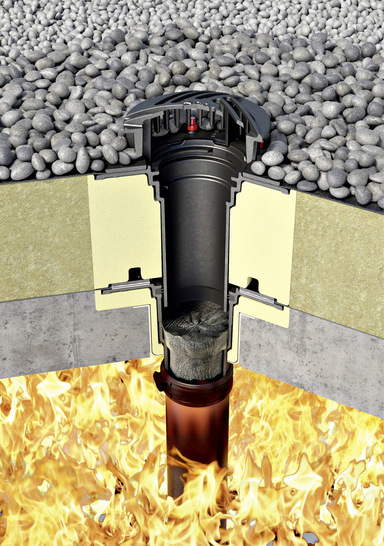 Schematische Darstellung ­eines verbauten Brandschutz-Dachablaufes mit aktiviertem Intumeszenzmaterial gegen Feuer von unten.