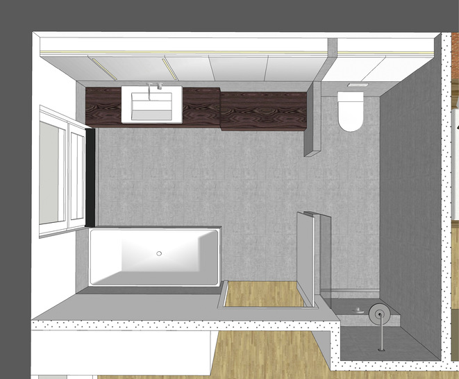 WC und Dusche sind im rechten Teil durch halbhohe Wandstücke abgetrennt.
