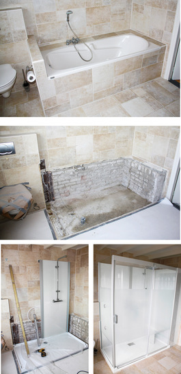 Abbruch und Einbau an einem Tag: 1. alte Badewanne ausbauen; 2. Duschwanne setzen und ausrichten; 3. Anschlussarbeiten für Armatur, Wasser und Ablauf durchführen; 4. Rückwand- und Seitenwände sowie Glasfront und Türen einsetzen.