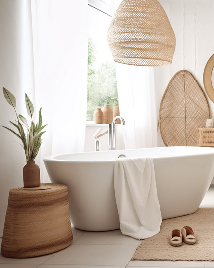 Rattan und Korb, blondes Holz mit Beige und Wollweiß sind eine gute Basis, um ein etwas langweiliges Bad vorsichtig in Richtung Boho-Trend zu stylen. - © Bild: pawczar - stock.adobe.com
