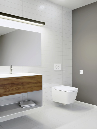  Tece-Flushpoint bietet ­Gestaltungsfreiraum bei der Planung. Die Fernauslösung in Zweimengentechnik ist wahlweise mit runder oder eckiger ­Blende in den Farben Weiß, Chrom glänzend und Chrom matt erhältlich.