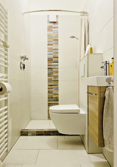  Jetzt mit Dusche: Die Bereiche WC und Waschplatz sind zusammengerückt, das ergab an ­einer Stirnseite Raum für eine Dusche.
