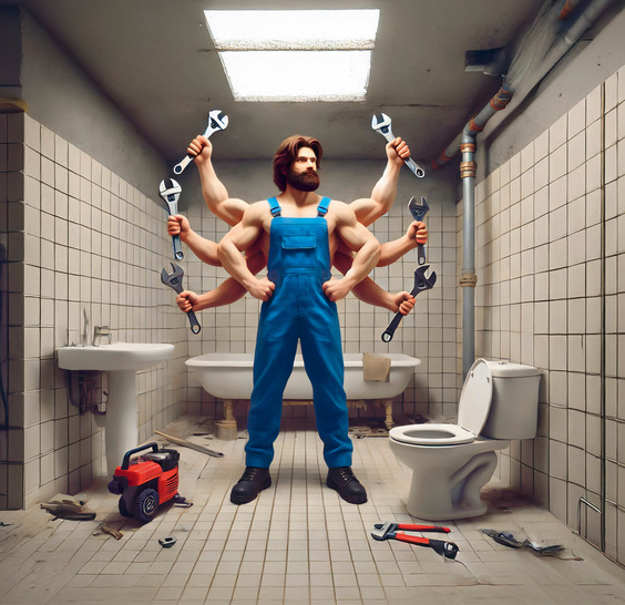Alt-Text: „Ein Installateur steht in einem Badezimmer und arbeitet mit mehreren Werkzeugen gleichzeitig, was die Vielseitigkeit und Anforderungen des modernen SHK-Handwerks verdeutlicht. Im Hintergrund sind Sanitärinstallationen sichtbar, die innovative Lösungen für eine effiziente Wassernutzung darstellen.“. - © Bild: KI-generiert mit ChatGPT