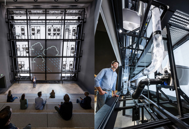 Im Abwasser-­Kubus lässt sich real in durchsichtigen Rohren direkt nachvollziehen, wie fein Entwässerungssysteme auf richtige oder falsche Planung und Ausführung reagieren.