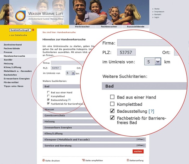 Auch das Thema barrierefrei und das Bäderhaus mit Sterne-Qualifizierung sind jetzt im Leistungskatalog auf­genommenNeuer Web-Auftritt: Den offenen Bereich von www.wasserwaermeluft.de nutzen viele für die Handwerkersuche