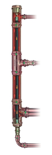 Funktionsweise der Inliner-Technik: Über das Anschlussset (unten) gelangt das Warmwasser in den Steigestrang, wird am Ende in das innen liegende PE-Xc-Rohr umgelenkt und zurück zum Warmwassererzeuger bzw. -speicher geführt