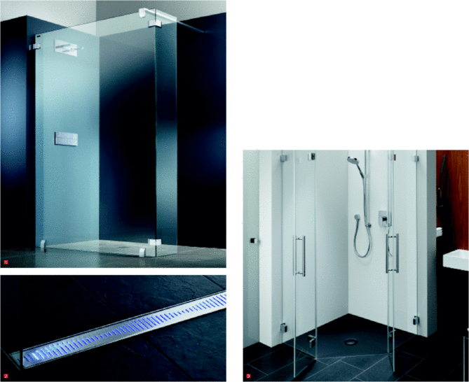 1 Das Duschprogramm „Walk in“ von Artweger wird um ein 30 cm breites Eckteil erweitert2 Bodengleiche Duschen lassen sich nun auch mit ACO-LEDEffekt in Szene setzen3 Bodengleiche FünfeckDuschfläche von Bette: Floor Caro