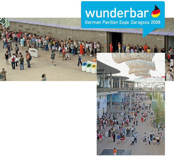 Die Weltausstellung im spanischen Zaragoza steht unter dem Motto “Wasser und nachhaltige Entwicklung“. Bis zu drei Stunden müssen Besucher beim deutschen Pavillon warten, um eine 120 m lange Floßfahrt anzutreten