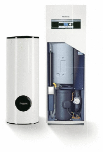 Bild 2 Der bivalente Trinkwasserspeicher Logalux SMH 400 (l.) mit einer Wärmetauscherfläche von 3,3 m² ist für eine Sole/Wasser-Wärmepumpe Logatherm WPS bis 11 kW geeignet