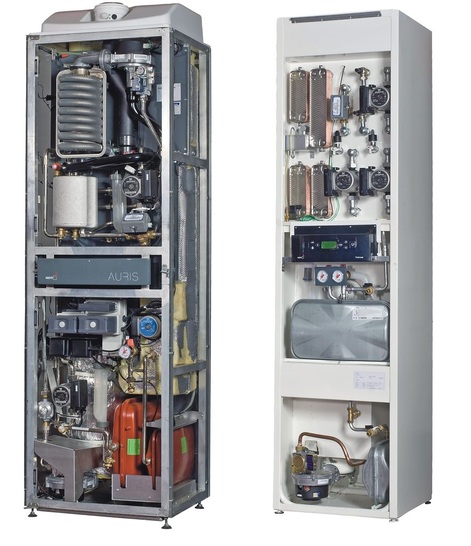 Links die erste und rechts die zweite Generation einer Gas-Wärmepumpe nach dem Diffusions-Absorptions-Prinzip von Bosch Thermotechnik. Der in der ersten Generation noch erforderliche, integrierte Brennwertheizkessel ist nun nicht mehr nötig, weil die Gas-Wärmepumpe seine Funktionen — modulierender Betrieb, Trinkwassererwärmung und Abdeckung der Spitzenheizlast — übernimmt. Das spart Kosten, Energie und Platz.