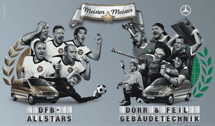 Mit diesem außergewöhnlichen Motiv wurde in der Region für das Spiel auf Plakaten geworben. Die Männer des Handwerkerteams präsentieren sich überaus angriffslustig.