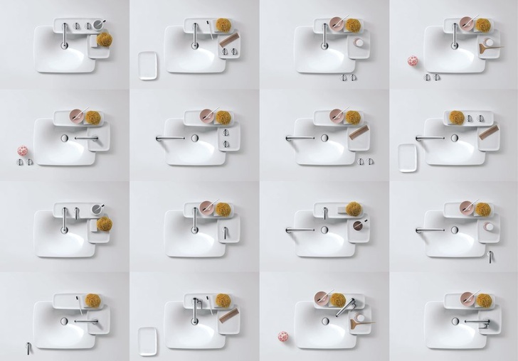 Auch das ist Individualität: Einzelne Elemente, die sich beliebig kombinieren lassen. Der Grundgedanke zieht sich wie ein roter ­Faden durch die neue AxorBouroullec-Kollektion, wie man an diesen Waschplatzkombinationen sieht.