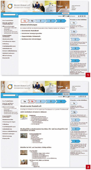 Bild 1: Die Barrierefrei-Datenbank

führt in fünf Schritten über die Produktauswahl

zum individuellen Kundenkatalog.

Erster Schritt – Auswahl der körperlichen

Einschränkungen.Bild 2: Nächster Schritt – je nach

Handicap können diverse bauliche

Maßnahmen notwendig werden.