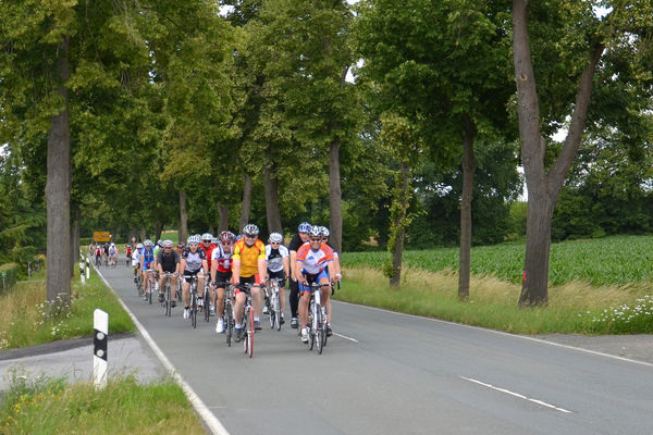 Das noch relativ geschlossene Teilnehmerfeld des Radrennens Flash SHK 2012 auf der ersten Etappe der Strecke von Ahlen in den Teutoburger Wald.