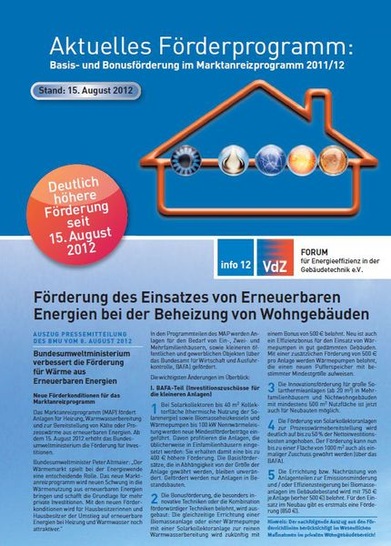 Details zu den verbesserten Fördermitteln und zur Antragsstellung sind in der VdZ-Info-Broschüre Nr. 12 beschrieben, die unter www.intelligent-heizen.info kostenfrei heruntergeladen werden kann. - © VDZ
