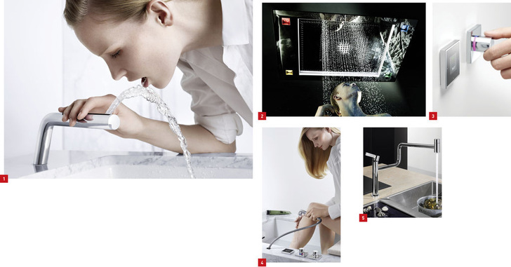 1 Der drehbare Auslauf von Dornbracht ermöglicht eine bequeme Mundspülung.2 Sensory Sky benetzt alle Sinne – ein Gefühl wie unter freiem Himmel.3 Smart Water: eine neue Technologie, die die zahlreichen Optionen der Digitalisierung in Bad und Küche integriert.4 Personal needs – modulares Baukasten-Prinzip für viele Bedürfnisse: Das herausziehbare Gießrohr macht Arm- oder Stirngüsse komfortabel. 5 Küchenarmatur Pivot mit flexiblem 360°-Aktionsradius.