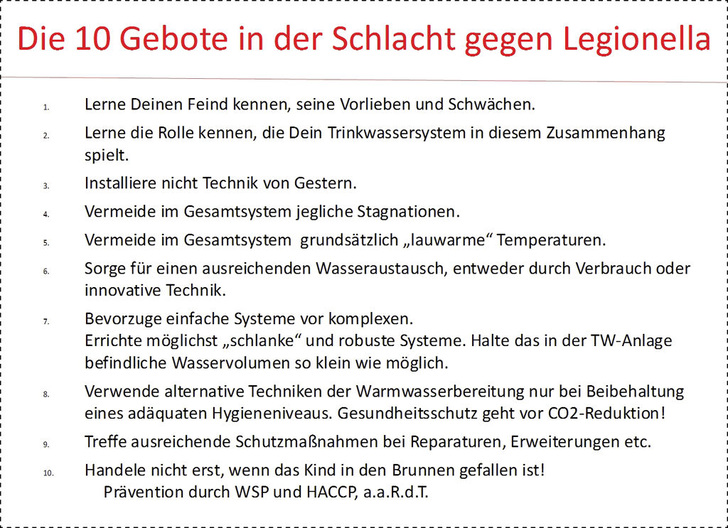 Die Erkenntnisse aus Schadensfällen und Untersuchungen hat Prof. Werner Mathys zu einem Maßnahmenkatalog gegen Legionellen verdichtet.