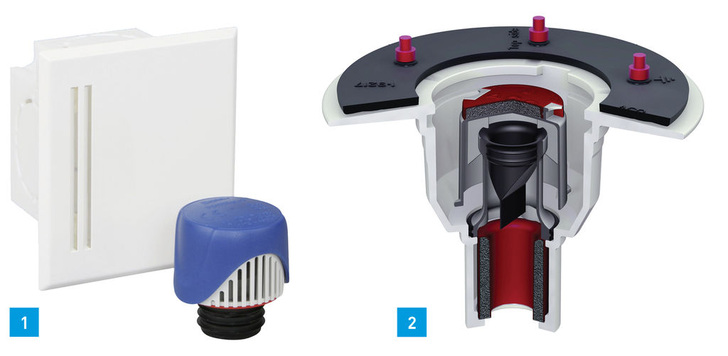 1 Die Abu-Plast-Wandeinbaukästen sind werkseitig mit einem Ventilair-Rohrbelüfter bestückt und bestehen aus Kunststoff.2 Der gusseiserne Bodenablauf Passavant von ACO Haustechnik mit Brandschutz-Geruchsverschluss, Brandschutz-Kartusche und Rauchstopp.