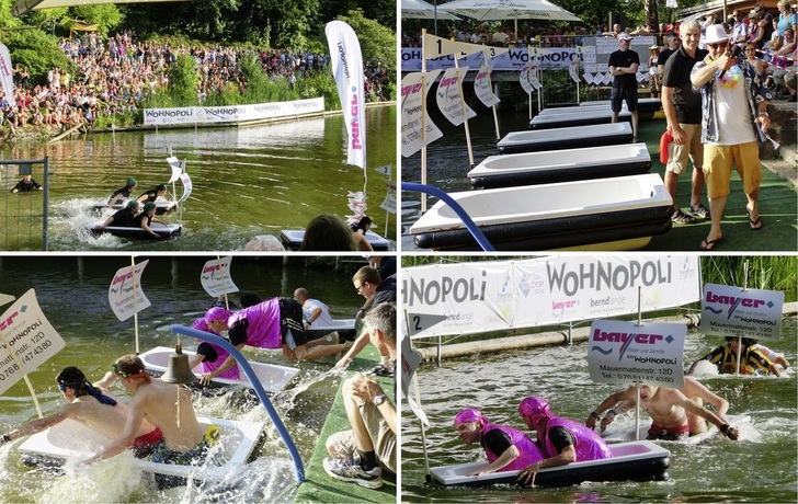 3500 Besucher zog es zum Event der Firma Bayer. Die Acrylwannen wurden mit zwei Schwimmringen aus 100er-PE-Rohr eingefasst und fertig waren die Rennboote.