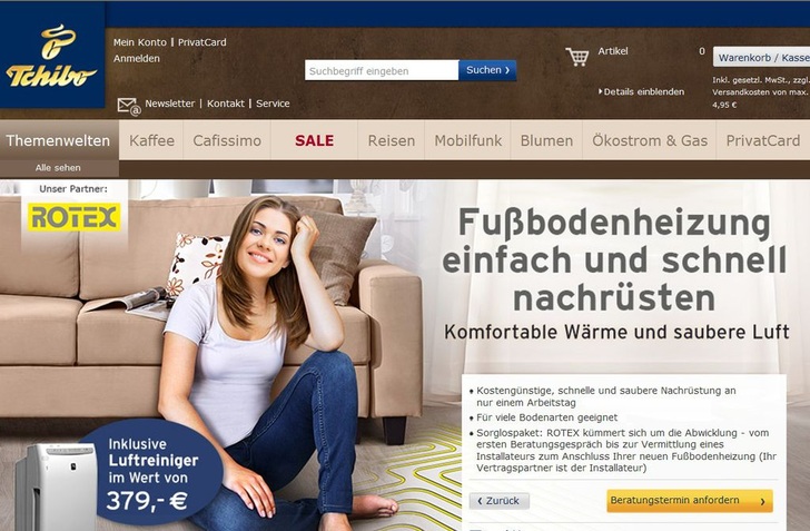 Fußbodenheizung einfach und schnell nachrüsten und ein Sorglospaket verspricht die Rotex Heating Systems GmbH auf der Tchibo-Homepage unter www.tchibo.de/fussbodenheizung-c400031365.html