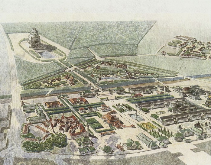 Die IBA 1913 aus der Vogelperspektive. Im rechten vorderen Teil des Ausstellungsgeländes befand sich die Maschinenhalle I mit dem Stand von Buderus.