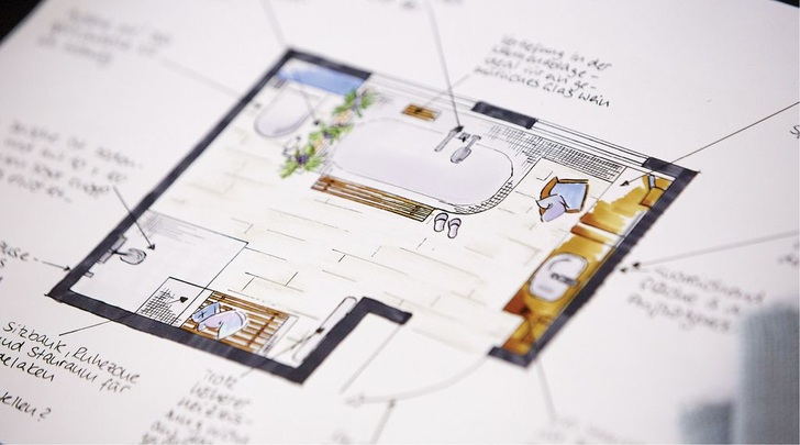 Professionelle Badplanungen wie diese von Marie Striewe aus Hamburg, im Rahmen des Gestaltungsmoduls entworfen, sind ein Ziel der Badakademie.