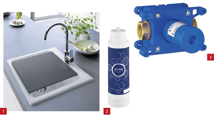 1 Duravit ergänzt die rechteckigen Vero-­Küchenspülen um eine flächenbündige und eine Aufsatzvariante.2 Kooperation: der BWT-Filter für das ­Grohe-Wassersystem Blue.3 Das Unterputzventil Rapido C passt zu ­allen Grohe-Fertigmontagesets und ist auch als Dreifach-Absperrventil für das ­Design Grohtherm F erhältlich.
