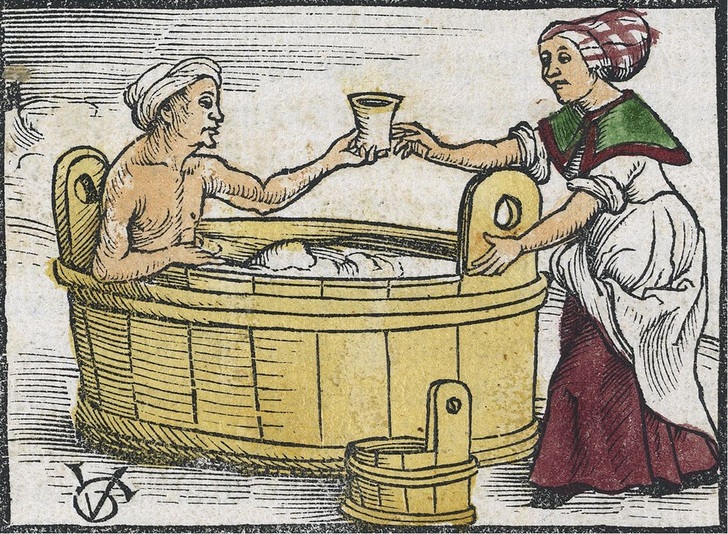 Mittelalterlicher Badezuber aus Holz. Aus einem Züricher Kalender von 1508.