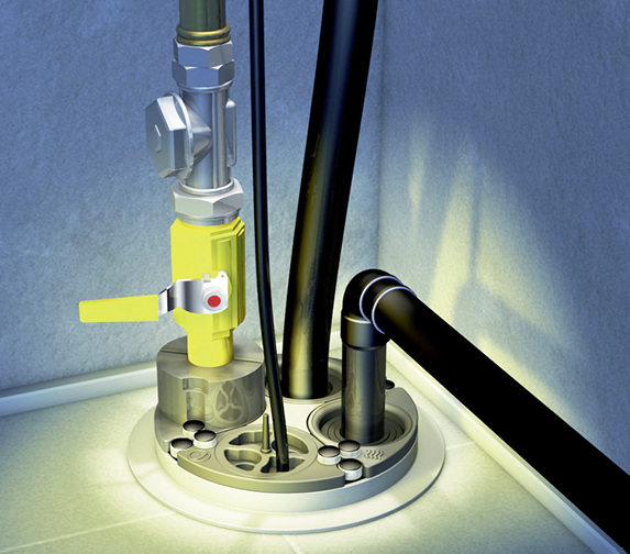 
Mehrsparten-Hauseinführungssysteme sind geprüft und benötigen nur eine Bohrung in der Außenwand oder Bodenplatte.
