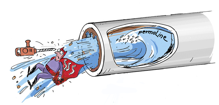
Hier wird der Rostteufel als Personifikation von Säure, Salz und Sauerstoff (SSS) samt Lochfraß-Bohrhammer aus dem Heizungswasser ausgetrieben. 

