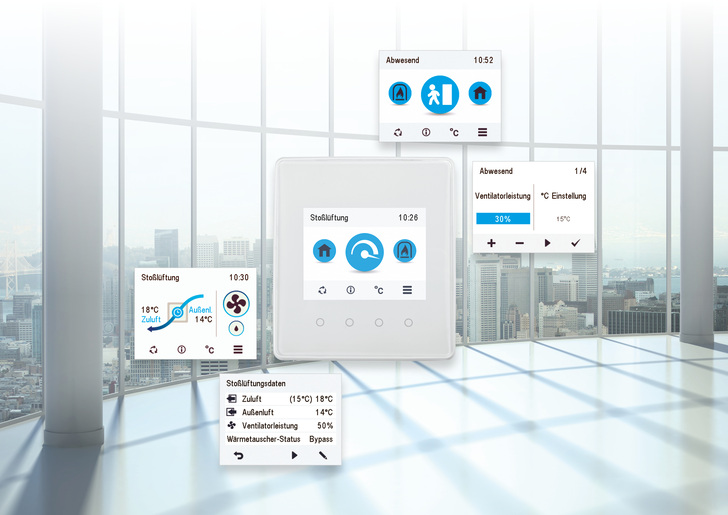 Das Bedienelement des Myvallox Komfortlüftungssystems bietet eine intuitive Menüführung und liefert dem Nutzer übersichtlich die wichtigsten Informationen über den Lüftungsbetrieb.