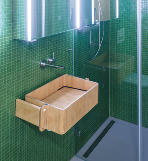 Waschbecken aus wasserabstossenden Holzstrukturen für Living Lab NEST der Empa.