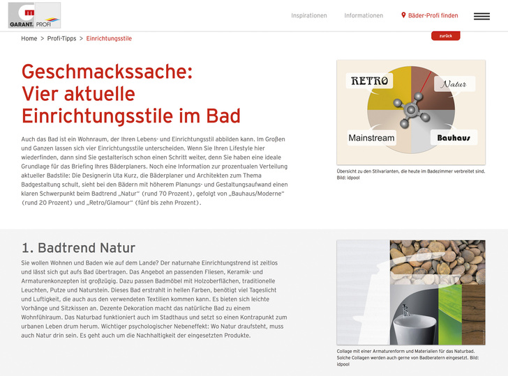 Screenshot von einem der Profi-Tipps bei badträume.de. Kunden können sich hier über die verschiedenen Stilrichtungen informieren.