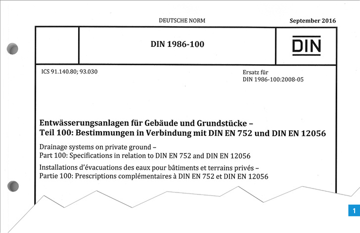 <p>

Kopfzeile der DIN 1986-100, Ausgabe September 2016.

</p> - © DIN / IZEG
