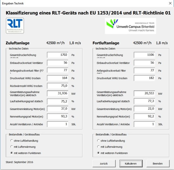 Eingabefenster für das Softwaretool des RLT-Herstellerverbandes.