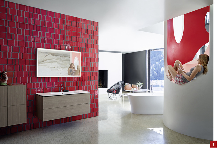 
Rot ist eine aktivierende und dynamische Farbe. Da sie verengend wirken kann, sollte sie großen Bädern vorbehalten sein. 



