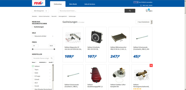 Real bietet jetzt Ersatzteile von Vaillant im Onlineshop an. - © Screenshot: SBZ

