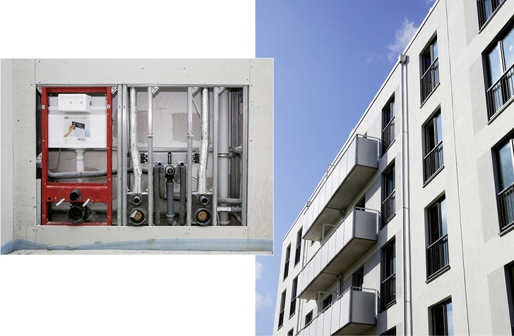 
In dem Neubau in Berlin-Hohenschönhausen wurden in den Bädern individuell geplante und industriell vorgefertigte Register und Sanitärwände eingesetzt.
