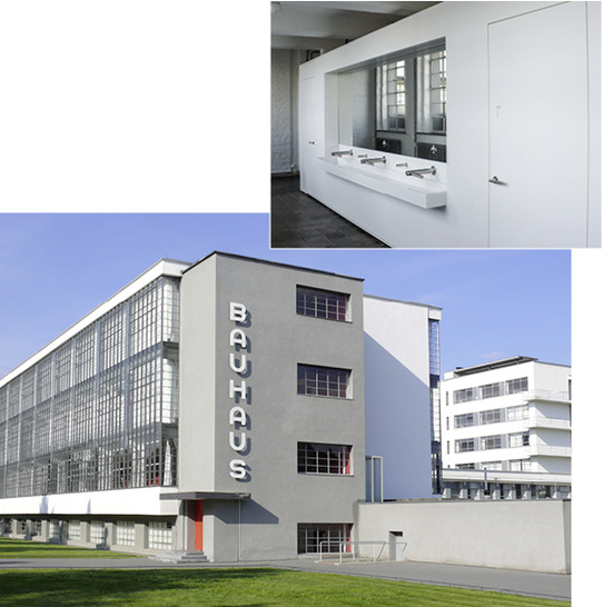 
Eine Raum-im-Raum-Konstruktion und weiße Elemente aus Mineralwerkstoff kennzeichnen die WC-Anlagen im Bauhausgebäude.
